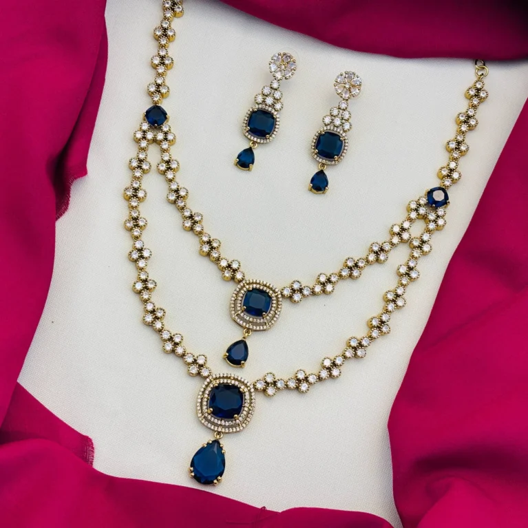 American Diamond Victorian Finish Two-Layered Navy Blue Stone Necklace Set