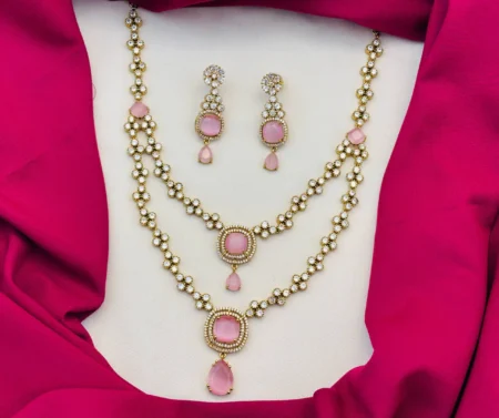 American Diamond Victorian Finish Two-Layered Pink Stone Necklace Set