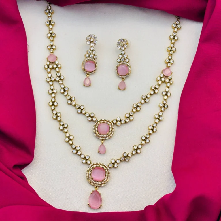 American Diamond Victorian Finish Two-Layered Pink Stone Necklace Set