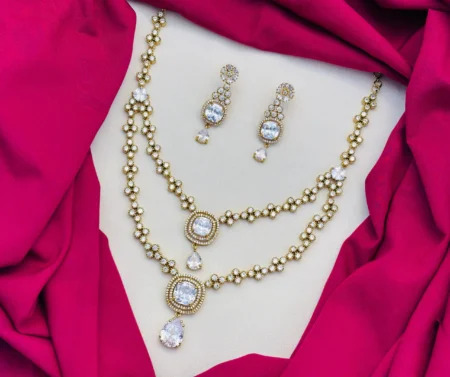 American Diamond Victorian Finish Two-Layered White Stone Necklace Set