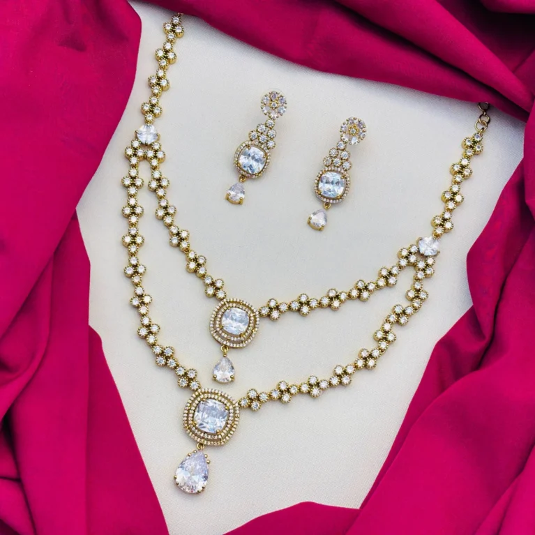 American Diamond Victorian Finish Two-Layered White Stone Necklace Set