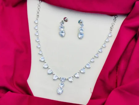 American Diamond Rhodium Silver Plated Heart Pattern White Stone Necklace Set