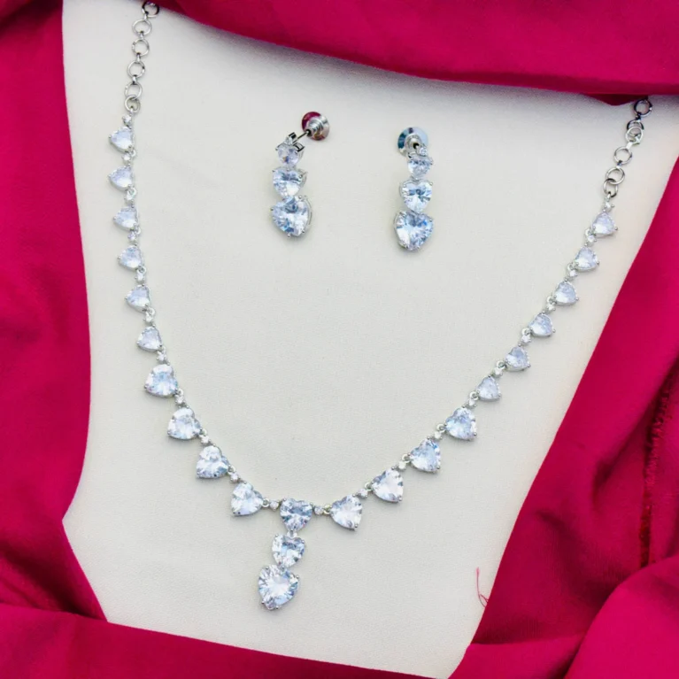 American Diamond Rhodium Silver Plated Heart Pattern White Stone Necklace Set