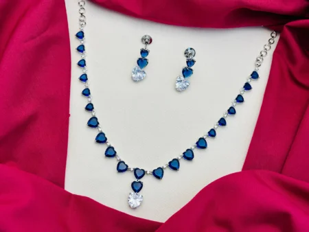 American Diamond Rhodium Silver Plated Heart Pattern Navy Blue Stone Necklace Set