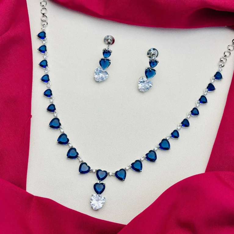 American Diamond Rhodium Silver Plated Heart Pattern Navy Blue Stone Necklace Set
