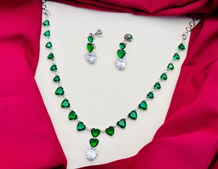 American Diamond Heart Pattern Necklace Set – Green