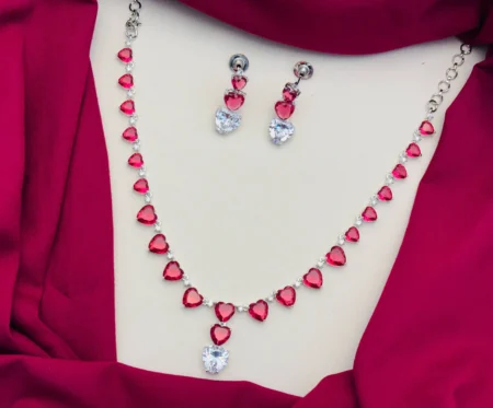 American Diamond Heart Pattern Necklace Set – Wine Red