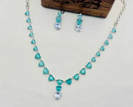 American Diamond Heart Stone Necklace Set – Turquoise Blue