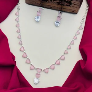 American Diamond Heart Stone Necklace Set – Pastel Pink