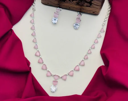 American Diamond Heart Stone Necklace Set – Pastel Pink
