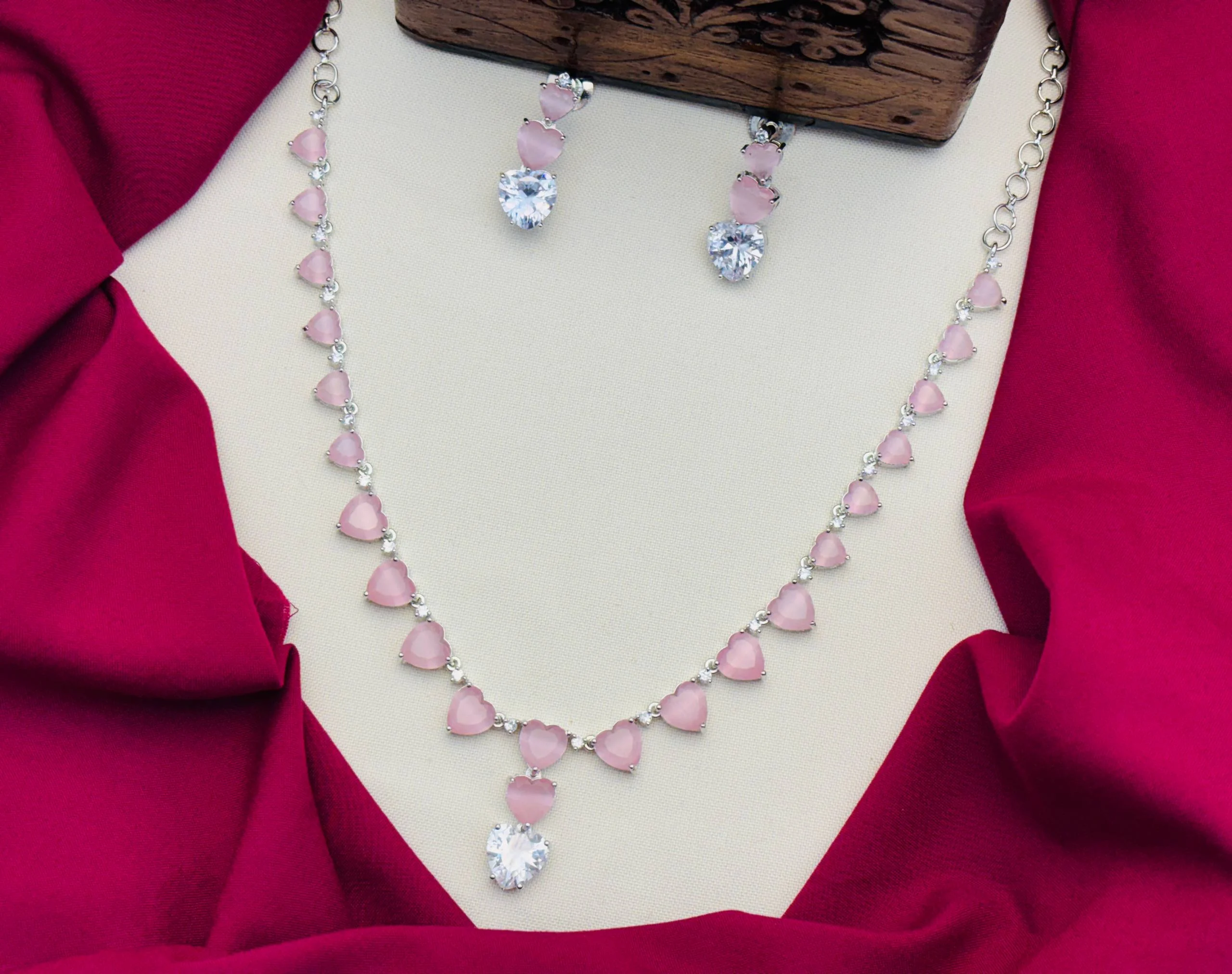 American Diamond Heart Stone Necklace Set – Pastel Pink
