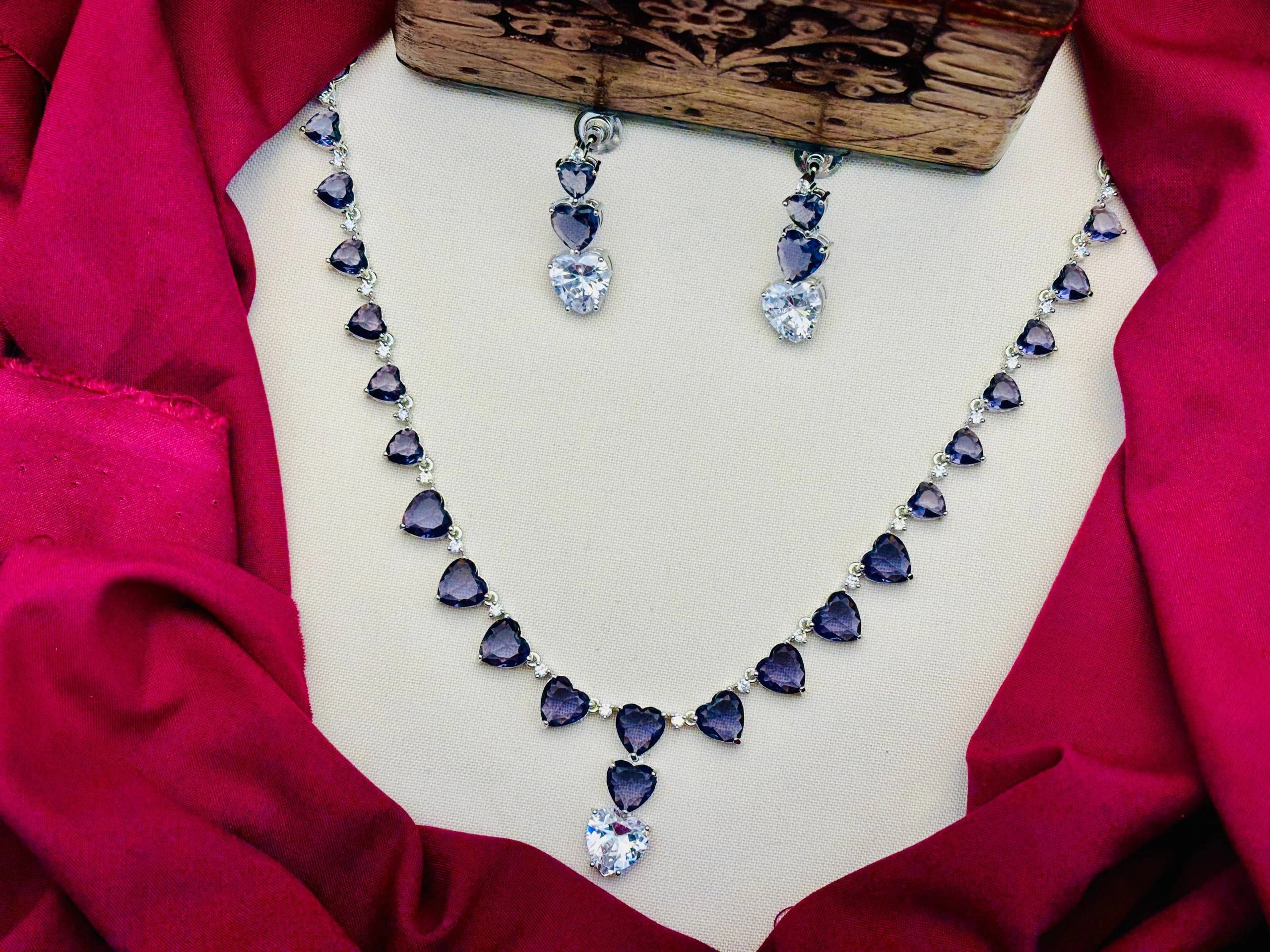 American Diamond Heart Stone Necklace Set – Purple