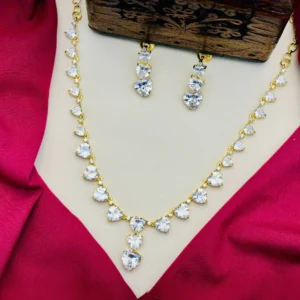 American Diamond Heart Stone Necklace Set – White Stone