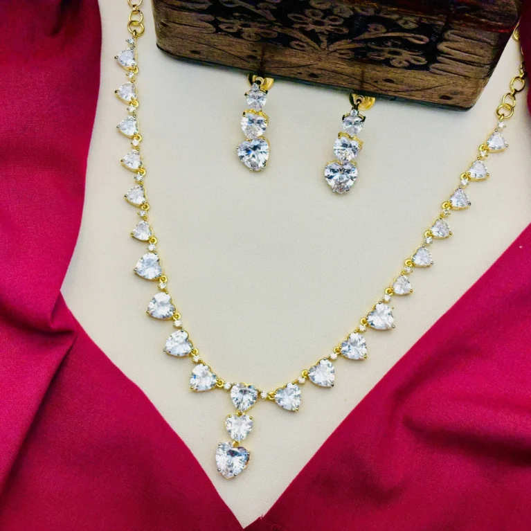 American Diamond Heart Stone Necklace Set – White Stone