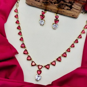 American Diamond Victorian Finish Heart Stone Necklace Set – Red Stone