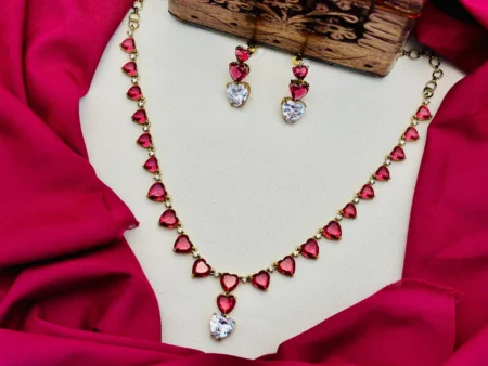 American Diamond Victorian Finish Heart Stone Necklace Set – Red Stone