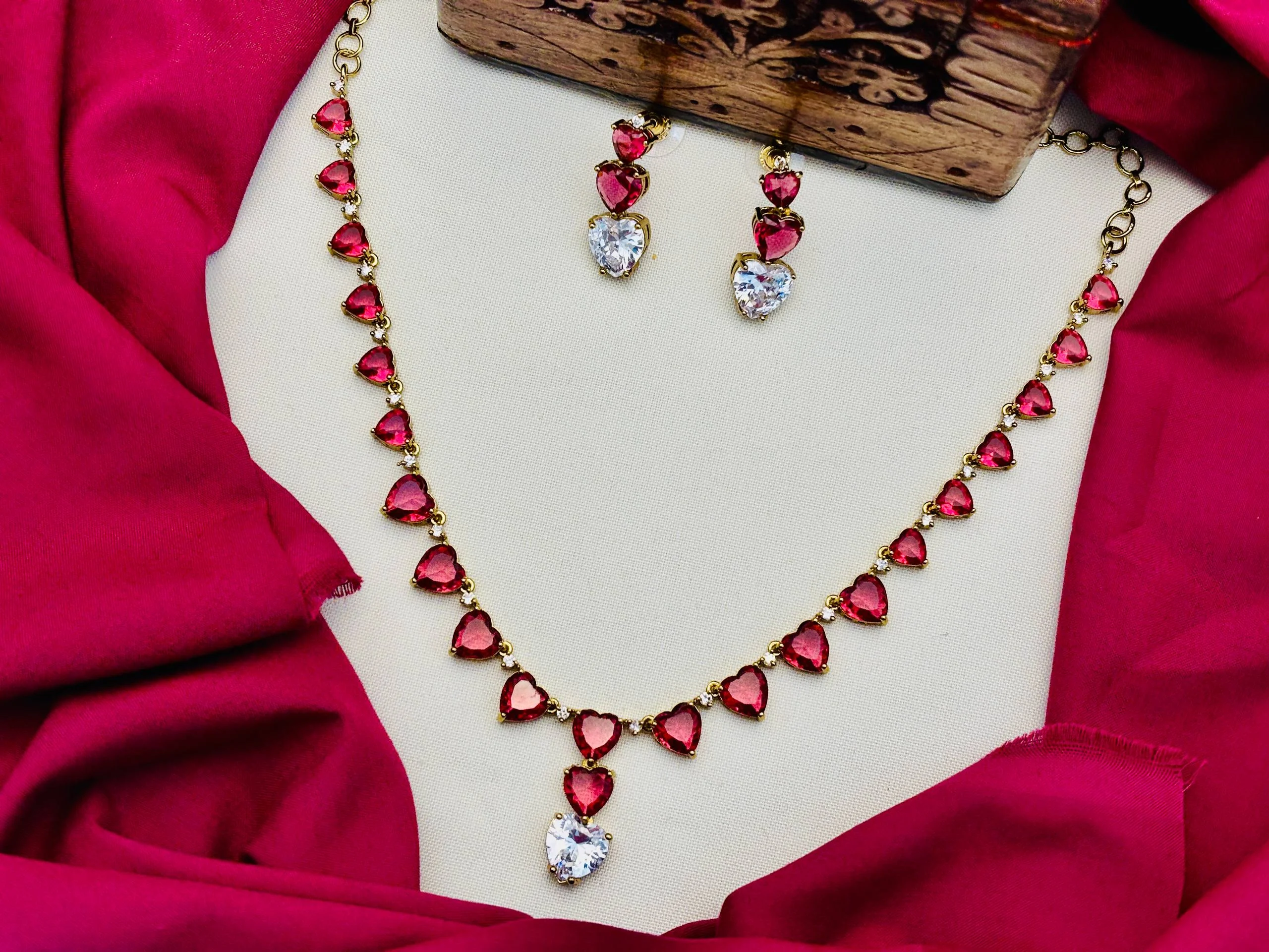 American Diamond Victorian Finish Heart Stone Necklace Set – Red Stone