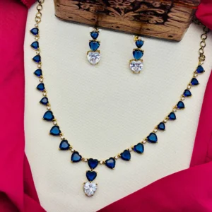 American Diamond Victorian Finish Heart Stone Necklace Set – Navy Blue Stone