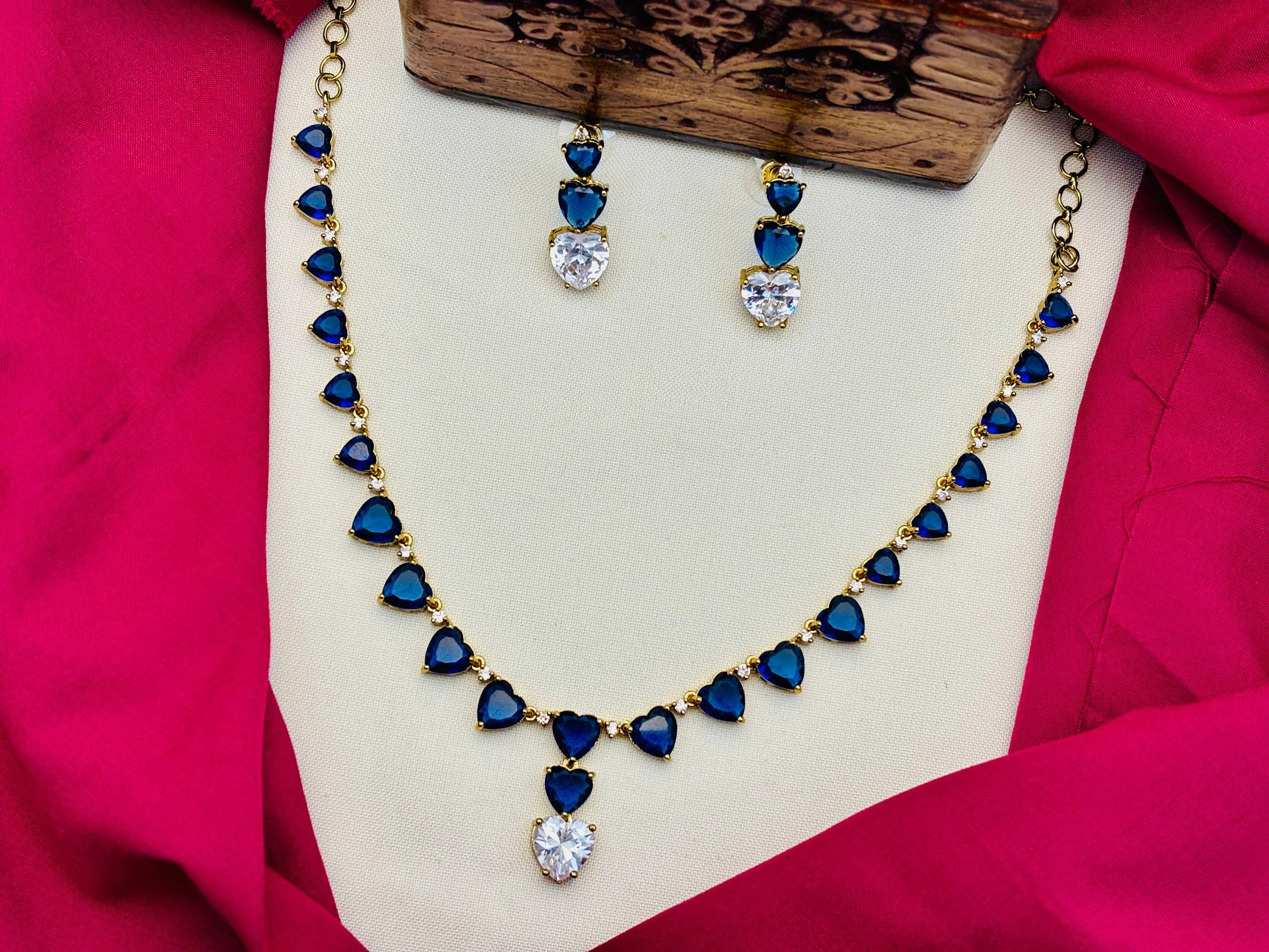 American Diamond Victorian Finish Heart Stone Necklace Set – Navy Blue Stone