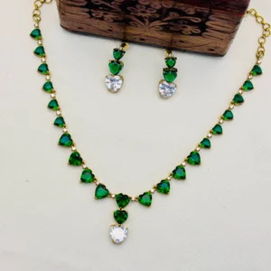 American Diamond Victorian Finish Heart Stone Necklace Set – Green Stone