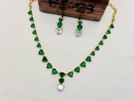 American Diamond Victorian Finish Heart Stone Necklace Set – Green Stone