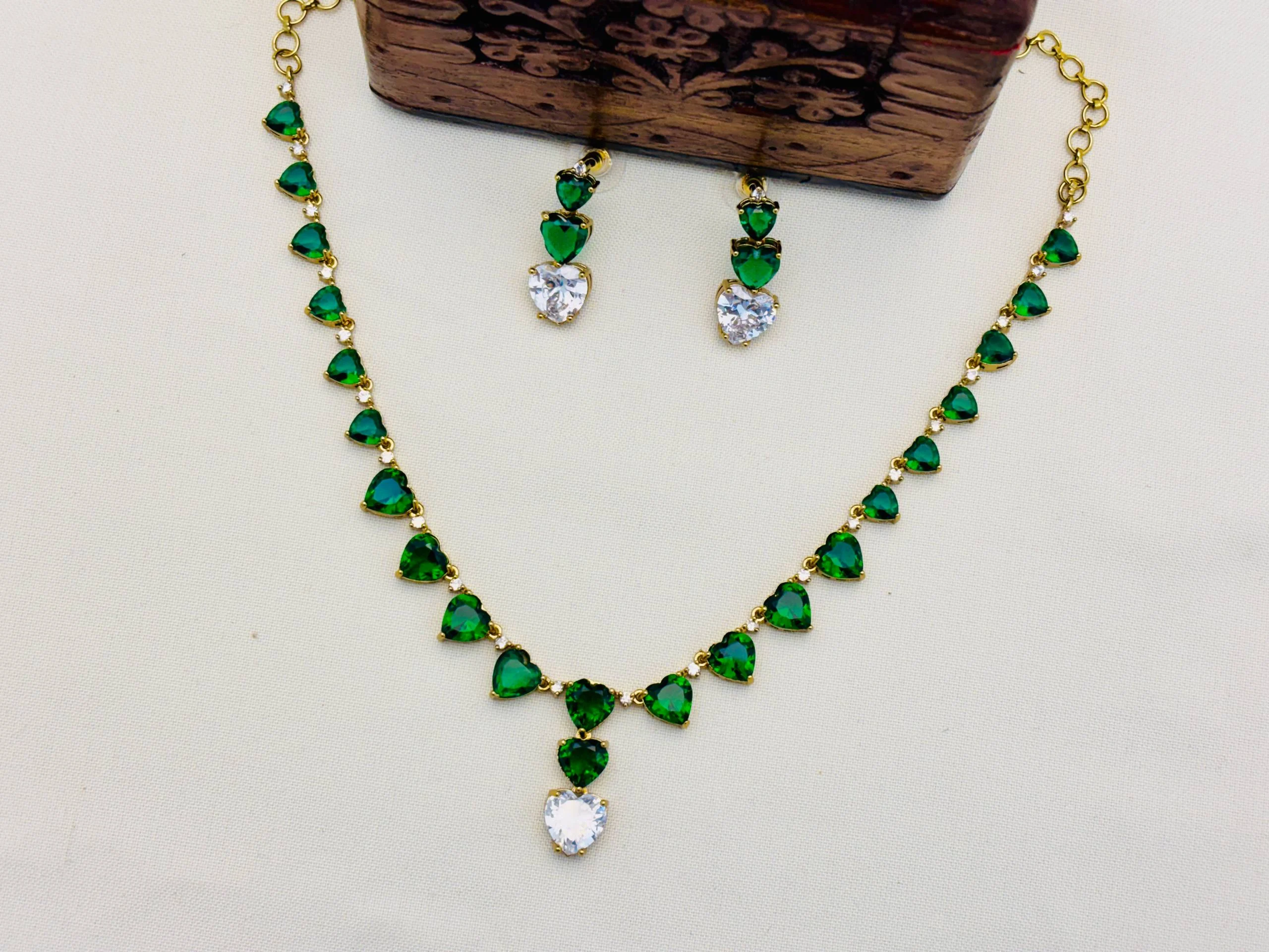 American Diamond Victorian Finish Heart Stone Necklace Set – Green Stone