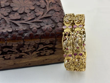 Traditional Matte Gold Peacock Motif Brass Bangles with CZ and Kundan Stones – Kasim Jewellers
