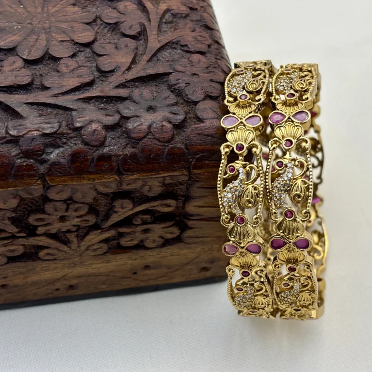 Traditional Matte Gold Peacock Motif Brass Bangles with CZ and Kundan Stones – Kasim Jewellers