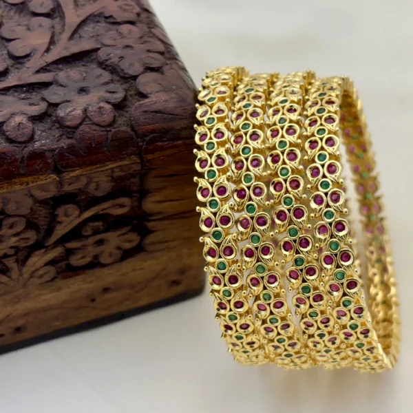 Traditional Matte Gold Brass 4 Bangles with Emerald Green & Ruby Stones | Kasim Jewellers