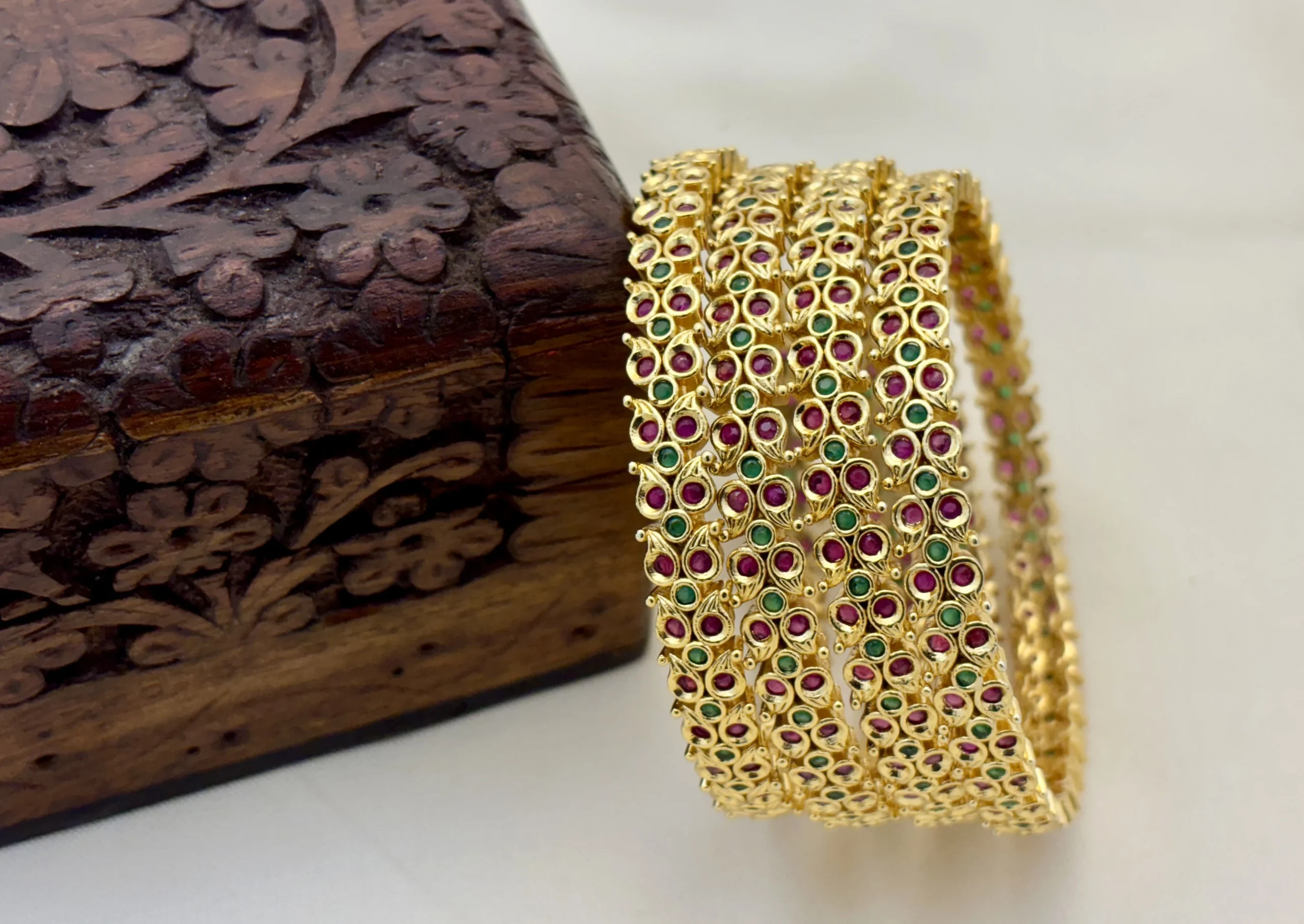 Traditional Matte Gold Brass 4 Bangles with Emerald Green & Ruby Stones | Kasim Jewellers