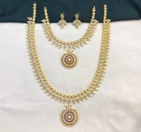 Traditional Mango CZ Stone Haram Necklace Set with Earrings for Women Ruby White– KasimJewellers