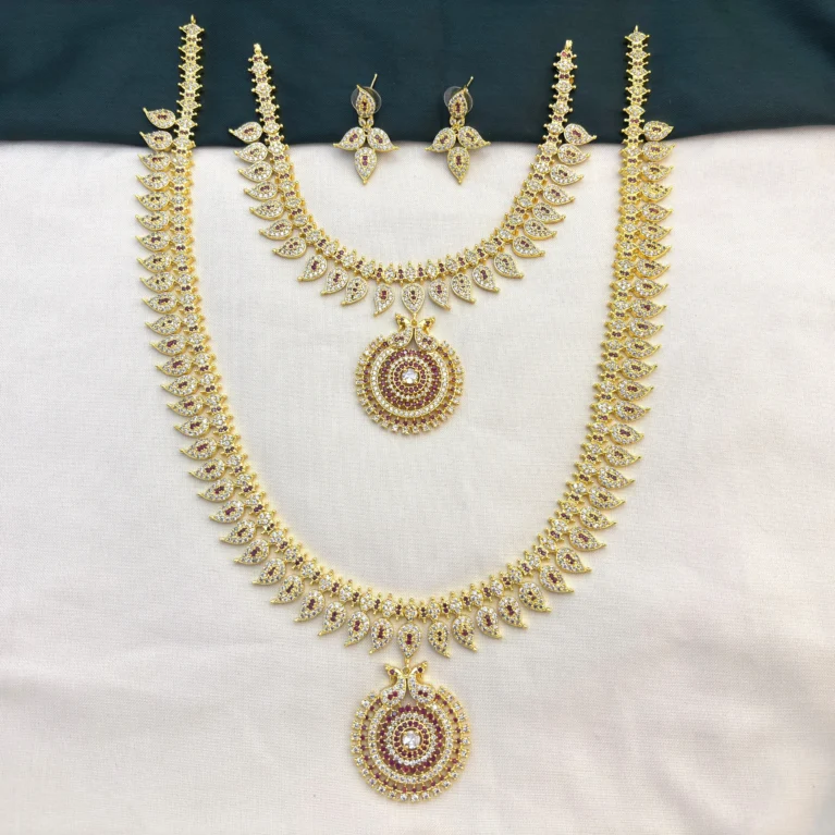 Traditional Mango CZ Stone Haram Necklace Set with Earrings for Women Ruby White– KasimJewellers