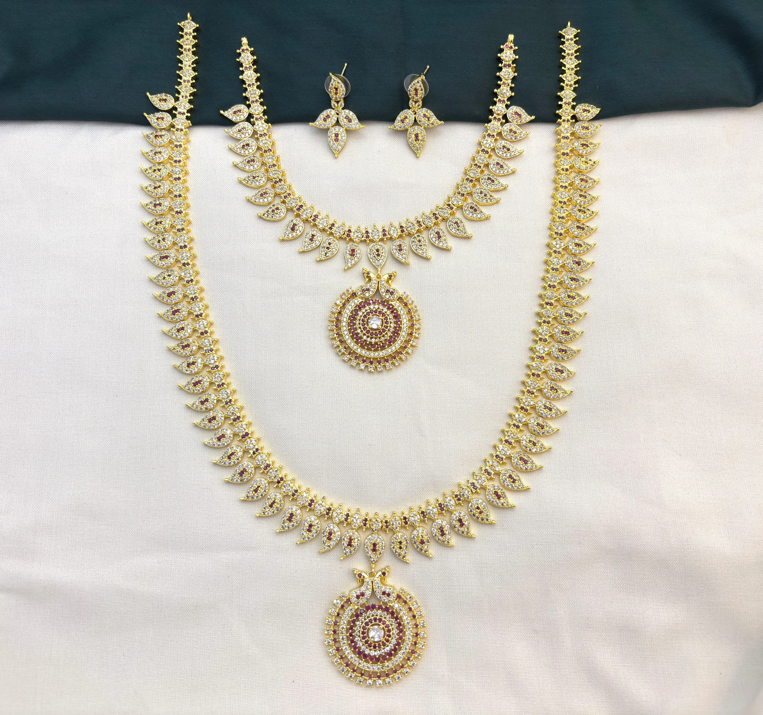 Traditional Mango CZ Stone Haram Necklace Set with Earrings for Women Ruby White– KasimJewellers