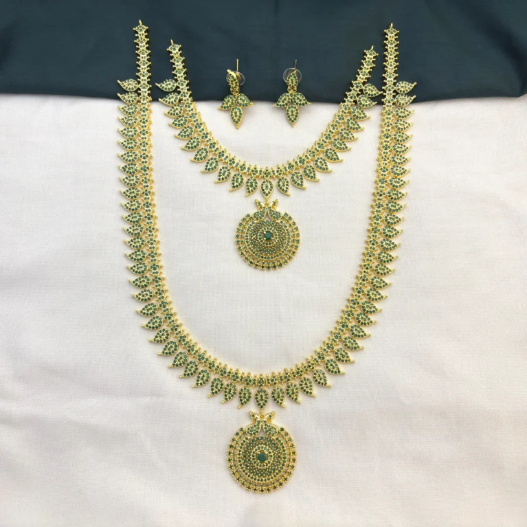 Traditional Mango CZ Stone Haram Necklace Set with Earrings for Women Green – KasimJewellers