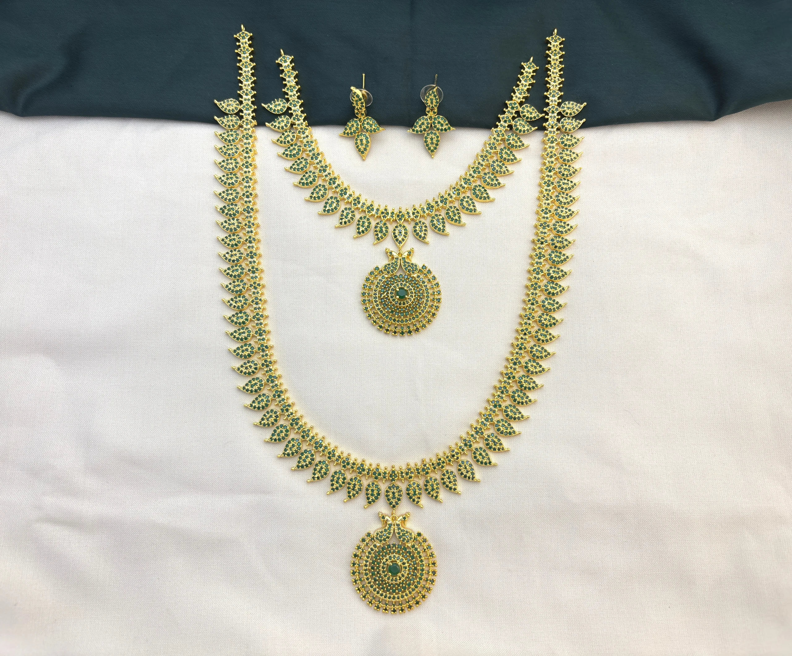 Traditional Mango CZ Stone Haram Necklace Set with Earrings for Women Green – KasimJewellers