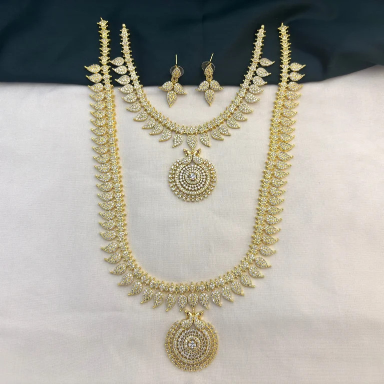 Traditional Mango CZ Stone Haram Necklace Set with Earrings for Women [White] – KasimJewellers