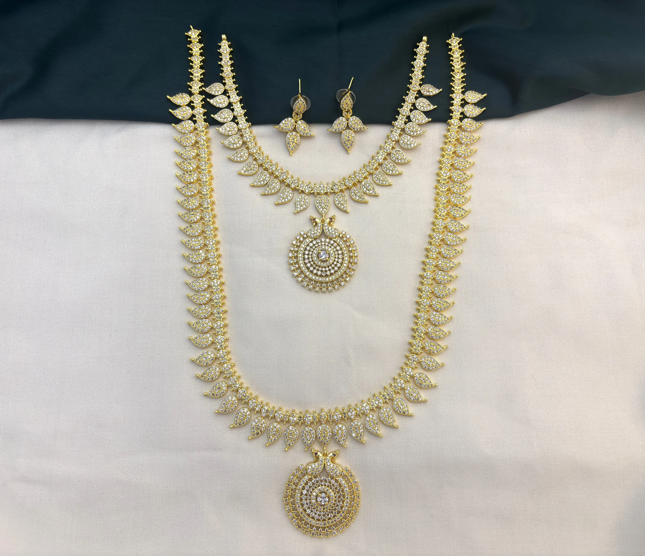 Traditional Mango CZ Stone Haram Necklace Set with Earrings for Women [White] – KasimJewellers