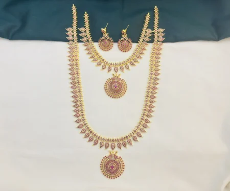 Traditional Mango CZ Stone Haram Necklace Set with Earrings for Women [Ruby] – KasimJewellers
