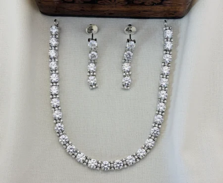 Elegant Silver Polished CZ Stone Necklace Set with Earrings for Women KJ-1100-BE.CA