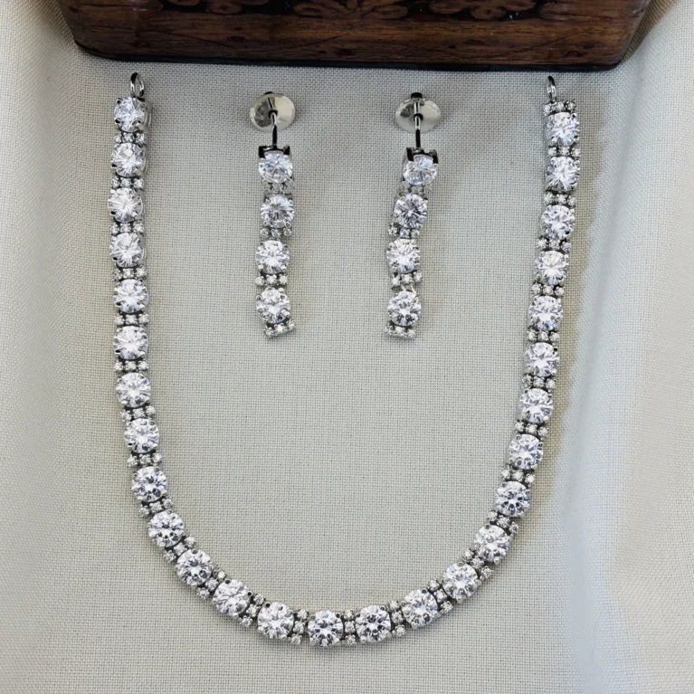 Elegant Silver Polished CZ Stone Necklace Set with Earrings for Women KJ-1100-BE.CA