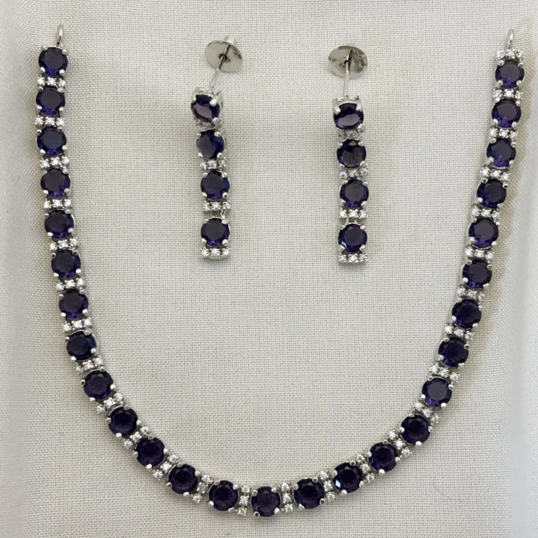 Elegant Silver Polished CZ Stone Necklace Set with Earrings for Women KJ-1101-BE.CA