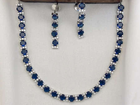 Elegant Silver Polished CZ Stone Necklace Set with Earrings for Women (NAVY BLUE)KJ-1106-BE.CA
