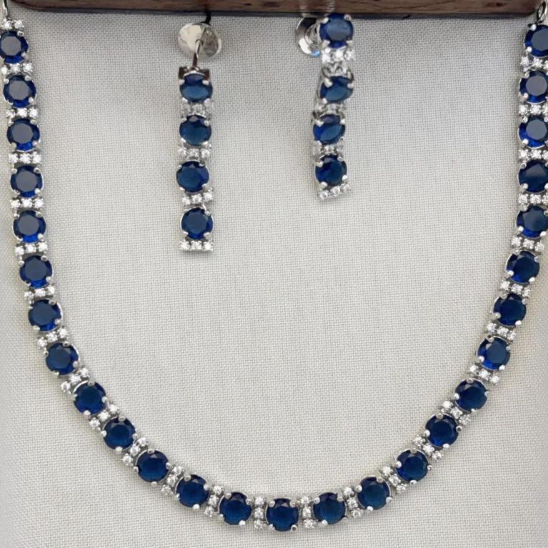Elegant Silver Polished CZ Stone Necklace Set with Earrings for Women (NAVY BLUE)KJ-1106-BE.CA