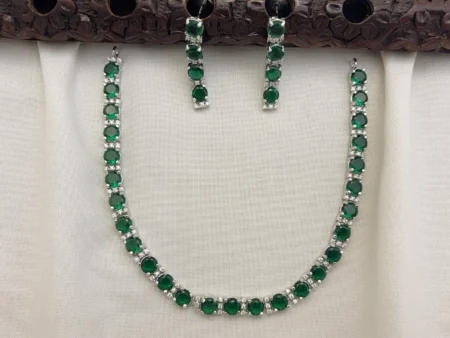 Elegant Silver Polished CZ Stone Necklace Set with Earrings for Women( GREEN) KJ-1104-BE.CA