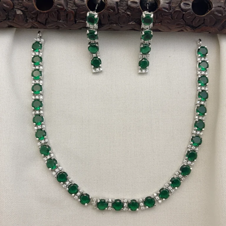 Elegant Silver Polished CZ Stone Necklace Set with Earrings for Women( GREEN) KJ-1104-BE.CA