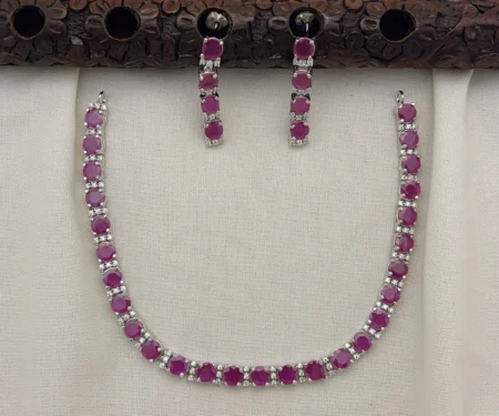Elegant Silver Polished CZ Stone Necklace Set with Earrings for Women (RUBY)KJ-1109-BE.CA