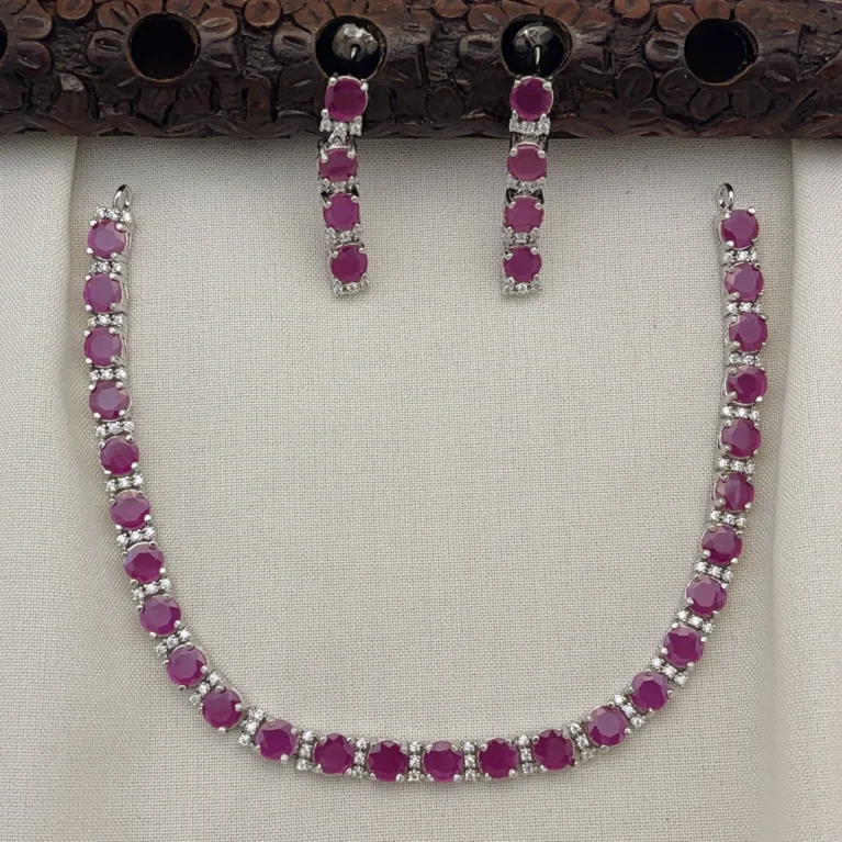 Elegant Silver Polished CZ Stone Necklace Set with Earrings for Women (RUBY)KJ-1109-BE.CA