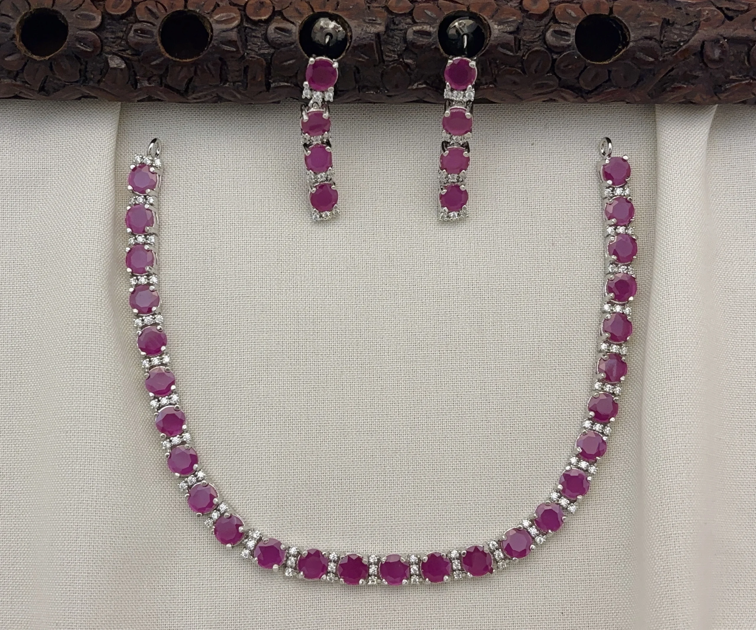 Elegant Silver Polished CZ Stone Necklace Set with Earrings for Women (RUBY)KJ-1109-BE.CA