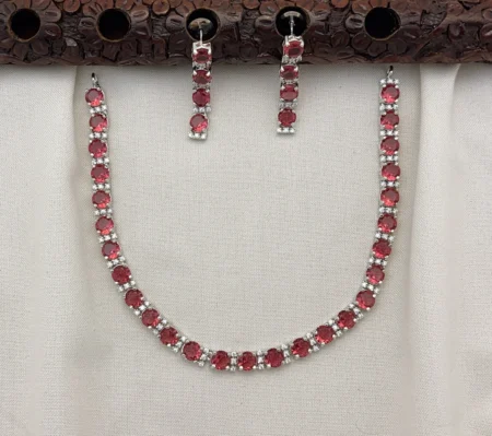 Elegant Silver Polished CZ Stone Necklace Set with Earrings for Women (W.red)KJ-1103-BE.CA