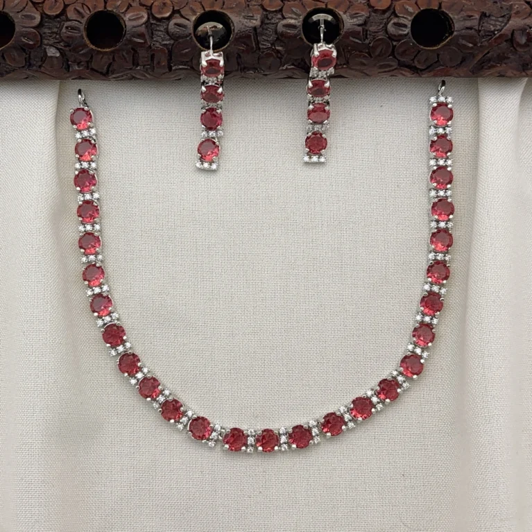 Elegant Silver Polished CZ Stone Necklace Set with Earrings for Women (W.red)KJ-1103-BE.CA